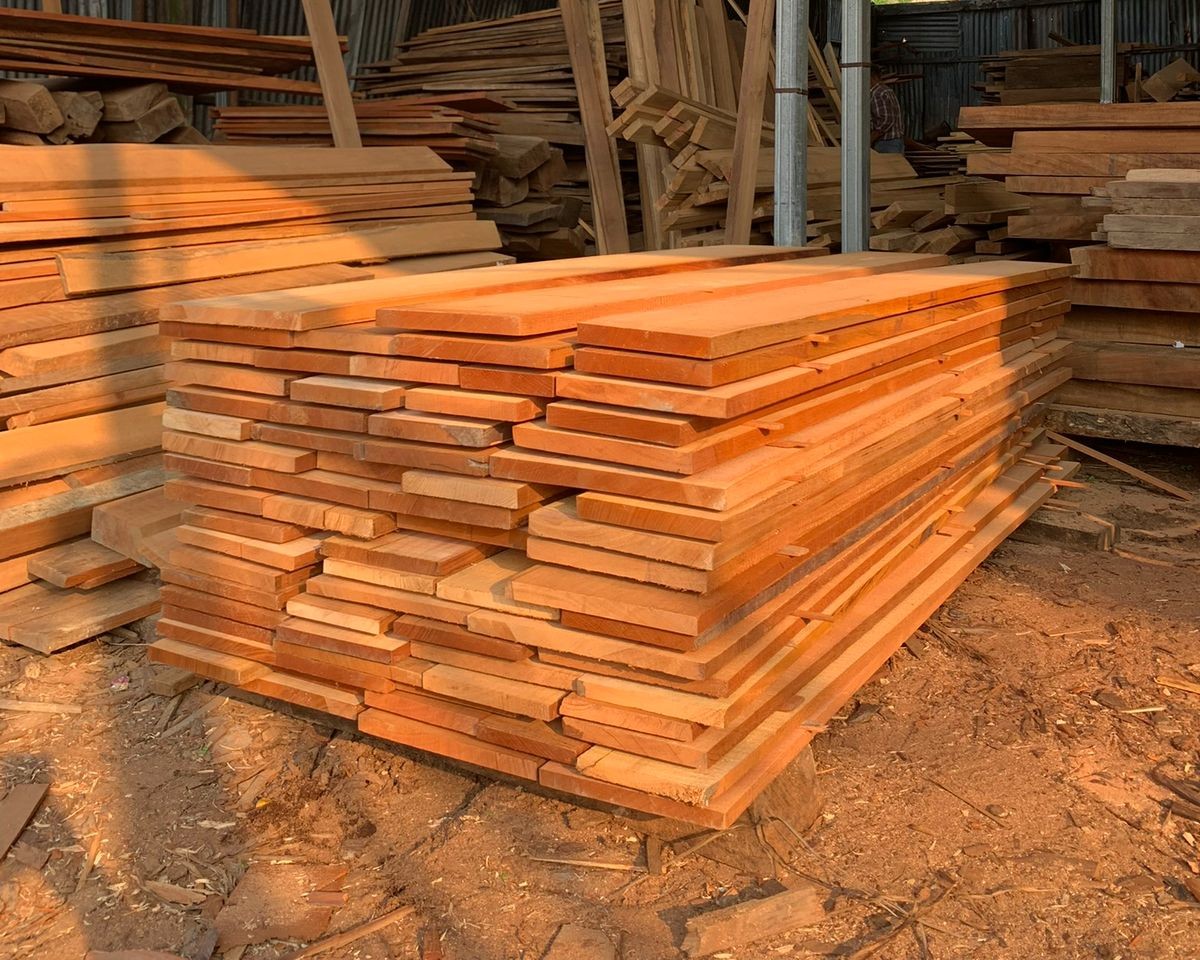 Tablas de madera recién aserradas y apiladas en aserradero InverSar
